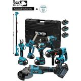 Power Black Profesyonel 7'lü Set Şarjlı Delici Kırıcı Hilti 2-26+125MM TAŞLAMA+450NM Somun SÖKME+10MM Darbeli Matkap Mavi - Mavi - Siyah
