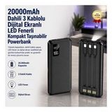 Powerbank 20000Mah Dahili 3 Kablolu Dijital Ekranlı Led Fenerli Kompakt Taşınabilir Şarj Cihazı