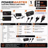 Powermaster 24V 20A Elektrikli Motor Bisiklet Şarj Cihazı Aleti Adaptörü C16 Uçlu Fanlı 24 Volt 20 Ip20 Amper Göstergeli