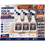 POWERMAX A+ ÇELİK PARLATICI 500 ML x 3 ADET SET TOPLAM 1500 ML PASLANMAZ ÇELİK BAKIM ÜRÜNÜ