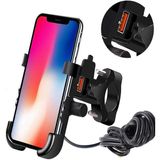 Powertec Motosiklet Telefon Tutucu USB Şarjlı Alüminyum Alaşım Gidon ve Ayna Bağlantılı - Siyah
