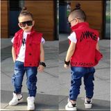 Poyraz Fashion Kids Erkek Çocuk Kot Kargo Pantalon Sıfır Kollu Kırmızı Yelek ve Tişört Takım Bayramlık Kombin - 00Kırmızı - 4 - 5 Yaş