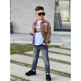 Poyraz Fashion Kids Erkek Çocuk Kot Pantalon Gabardin Zincir Detaylı Kot Ceket ve Tişört Takım Bayramlık Kombin - 5 - 6 Yaş - 0-Kahverengi
