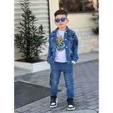 Poyraz Kids Erkek Çocuk Kot Ceket Kot Kargo Pantolon ve Tişört Takım Bayramlık Kombin - 05M-Mavi - 3 - 4 Yaş
