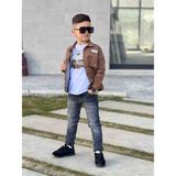 Poyraz Kids Erkek Çocuk Zincir Detaylı Ceket Mavi Kot Pantalon ve Kısa Kol Tişört Konbin Takım Giyım Bayramlık Kombin - Kahverengi - 6 - 7 Yaş