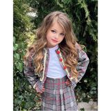 Poyraz Kids Kız Çocuk Ekose Çizgili Ceket Piliseli Etek ve Çorap Takım Bayramlık Kombin - Beyaz - Kırmızı - Gri - 4 - 5 Yaş