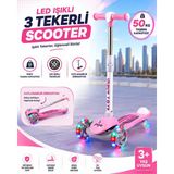 Pozart Gtpro 3 Tekerlekli Çocuk Scooter 3+ Yaş Katlanabilir LED Işıklı 50lg Kapasite - Pembe