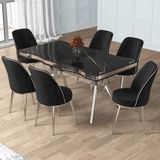 Prah Serisi 90X160 Lak Panel Sonata Krom Ayak Masa Takımı ve 6 Siyah Sandalye