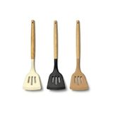 Pratik Ev 30 cm Bambu Saplı Silikon Delikli Spatula, Yapışmaz Tava ve Tencereler Için Esnek Uçlu Mutfak Spatulası, Krep Omlet Balık Pancake Çevirici, 3 Renk Asorti Karışık Gönderim