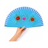 Pratik Ev Siyah Zeminli Katlanabilir El Yelpazesi Sarı Mavi Çiçek Desenli Ahşap Saplı Dekoratif El Yelpazesi 40X22 cm Geleneksel Tasarım (Mavi, 40X22 Cm) - Çok Renkli