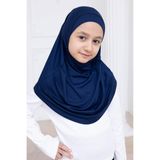 Pratik Hazır Geçmeli Çocuk Eşarp, Kendinden Boneli Lastikli Hijab Başörtü Lacivert