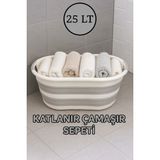 Pratik Katlanır Çamaşır Sepeti, 25 L, Akordiyon, Hafif ve Yer Tasarrufu - Seçenek 1 - Ahşap - Bej - Siyah