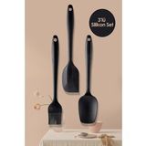Pratik Lüks Siyah Silikon Spatula Fırça Kaşık Seti | 3'lü Silikon Set | Silikon Fırça Kaşık Spatula
