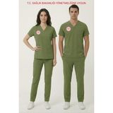 Pratik Medikal Eczacı Forması Likralı Scrubs Takım Unisex Grasshopper Yeni Yönetmeliğe Uygun - Yeşil - 2XL