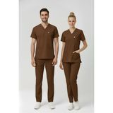 Pratik Medikal Friar Brown Likralı Scrubs Doktor Hemşire Forması Yarasa Kol Takım Unisex - Kahverengi - 2XL