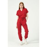 Pratik Medikal Kırmızı Likralı Scrubs Jogger Paça Doktor Hemşire Forması Yarasa Kol Takım Unisex