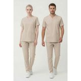 Pratik Medikal Moth Likralı Scrubs Doktor Hemşire Forması Yarasa Kol Takım Unisex - Bej - XL