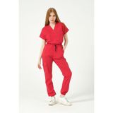 Pratik Medikal Nar Çiçeği Likralı Scrubs Kargo Cep Jogger Paça Doktor Hemşire Forması Yarasa Kol Takım Unisex - XL