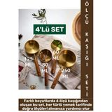 Pratik Mutfak Yemek Hazırlık Bakliyat Sıvı Ölçüm Estetik Gold Renk 4Lü Ahşap Saplı Metal Ölçü Kaşığı