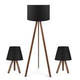 Pratik Tripod Lambader Ve İki Adet Ahşap Üç Ayaklı Abajur Ceyiz Seti Siyah Kumaş
