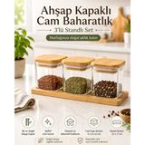 PratikBir Bambu Kapaklı Cam Baharatlık 3'lü Set - 200 ml