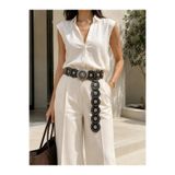 Pratsska Vintage Bohem Stil Metal Tokalı Yuvarlak Parçalı Siyah Kadın Kemer %100 El İşçiliği