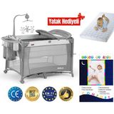 Prego Berlin Anne Yanı Bebek Oyun Parkı Gri Renk Alüminyum Malzeme Tekerlekli Yatak Hediyeli