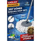 Premini 360° Döner Başlıklı Metal Saplı Profesyonel Temizlik Paspası ve Yedek Mop Uyumlu - Gri - Seçenek 1