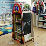 Premini Roket Temalı Saatli 4 Taraflı Yazı Tahtalı Montessori Kitaplık ve Oyuncak Kutusu
