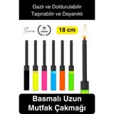 Premium 18 cm Basmalı Uzun Mutfak Çakmağı Gazlı Doldurulabilir Mum Mangal Kamp İçin Normal Alev