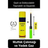 Premium 18 cm Basmalı Uzun Mutfak Çakmağı ve Yedek Gazlı 250 ml Mum Mangal Kamp İçin Normal Alev