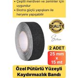 Premium 2 Adet 25MM x 15MT Siyah Kaydırmaz Bant Yapışkanlı Merdiven Basamak Zemin Güçlü Tutunabilen