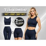 Premium 3 Parça Spor Takım – Dalgıç Kumaş Yüksek Bel Toparlayıcı (Tayt-Biker Şort-Crop) 3lütkm