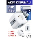 Premium 3'Lü Duvar Çocuk Ve Akım Korumalı Isıya Dayanıklı Çoklu Küp Priz Usb Type-C Girişli Topraklı