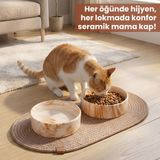 Premium 3'lü Evcil Hayvan Mama Kabı Seti 2 Adet Lüks Mermer Desenli Seramik Kase ve 1 Adet Oval Örgü Jüt Paspas, Kedi ve Köpek Su Yemek Tabağı Seti (KAHVRENGİ)