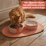 Premium 3'lü Evcil Hayvan Mama Kabı Seti 2 Adet Lüks Mermer Desenli Seramik Kase ve 1 Adet Oval Örgü Jüt Paspas, Kedi ve Köpek Su Yemek Tabağı Seti (TURUNCU)