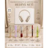 Premium Bluetooth Kulaklık ve 6'lı Makyaj Hediye Seti - Airpods Max Uyumlu Kulaküstü Kulaklık, Maskara, Lipgloss, Kapatıcı Kozmetik Seti - Krem - Beyaz