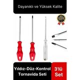 Premium Dayanıklı Ergonomik Vidalama Tamir Tadilat Yıldız Düz Kontrol Kalemi 3'lü Tornavida Seti - Kırmızı