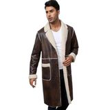 Premium Erkek Koyun Derisi Kaban, Eskitme Kahverengi Uzun Kürklü Yaka, Düğmeli Kapamalı, Rahat Kesim, Sonbahar Kış Mevsimlik (Eskitme Kahverengi Uzun Kaban Torba Cepli, 2XL)