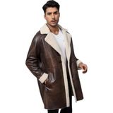 Premium Erkek Koyun Derisi Kaban, Eskitme Kahverengi Uzun Kürklü Yaka, Düğmeli Kapamalı, Rahat Kesim, Sonbahar Kış Mevsimlik (Eskitme Kahverengi Uzun Kaban Yatay Cepli, 5XL)