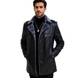 Premium Erkek Koyun Derisi Kürklü Kaban, Siyah, Dar Kesim, Apoletli, Sonbahar-Kış Trençkot (Apoletli Hakiki Deri Kürklü Trençkot Kaban Siyah Renk, 3XL)