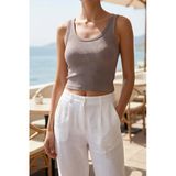 Premium Fitilli Esnek Kumaş Kadın Gri Crop Atlet - U Yakalı Spor Ve Şık Basic Bluz - Yumuşak Dokulu Slim Fit Yazlık Üst