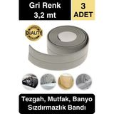 Premium Gri Ocak Tezgah Kenarı Banyo Mutfak Sızdırmaz Bant Su Geçirmez Küfe Dayanıklı 3,2 mt 3 Adet