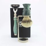 Premium Gümüş Uçlu Porsuk Fırçası Vintage Geleneksel Stil Islak Tıraş Makinesi Seti Ve Çift Kenarlı Jiletli Tıraş Makinesi + Çelik Stand Yeni Koleksiyon Sınırlı Tasarım