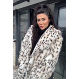 Premium Ingiliz Yaka Mob Wife Suni Kürk Maxi Kadın Kaban - Leopar