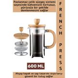Premium Isıya Dayanıklı Kahve Demleme Bitki Çayı Ahşap Kapak Sap Detaylı Cam French Press 600 Ml