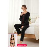Premium Kadın 4’lü Fitilli Set – Siyah Kırmızı Biyeli (Pijama Üst, Pantolon, Bikini Takım