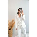 Premium Kalite Kemerli Astarlı Double Kalın Kumaş Blazer Ceket Beyaz - Çok Renkli