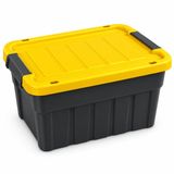 Premium Kapaklı Plastik Saklama Kutusu, 10 L | Yan Klipsli Kapak, 4 Ek Kilit Yuvası, 6 Tekerlekli Taşıma, Siyah & Sarı Tasarım, Çok Amaçlı Kullanım