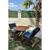Premium Katlanır Ahşap Bistro Seti, 3'lü, Masif Ahşap, Minderli, Balkon ve Bahçe Için, Ceviz/lacivert, Masa ve Sandalye - Çok Renkli - Standart